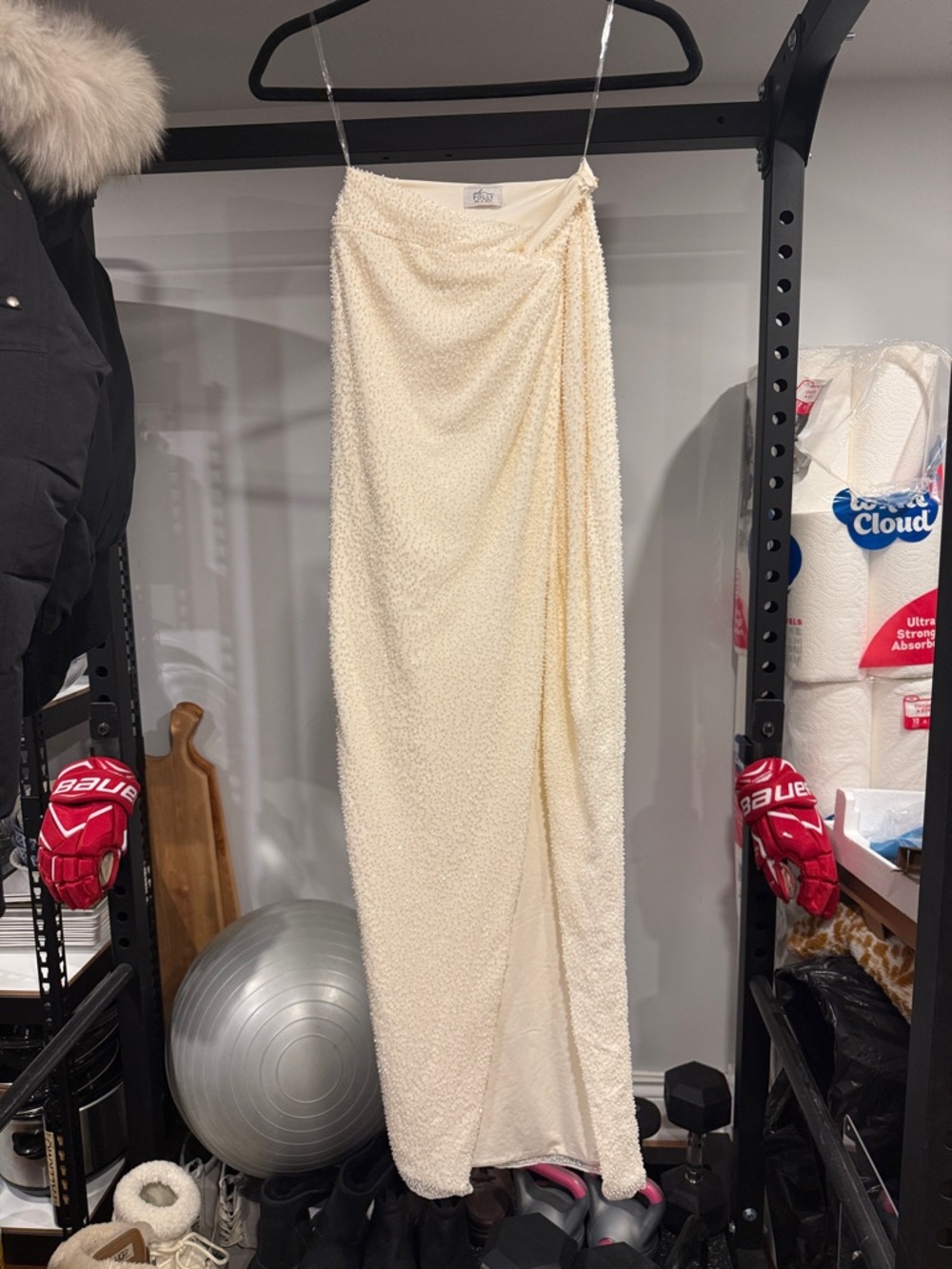 Oh Polly Cream Textured Maxi Skirt with Side Drape